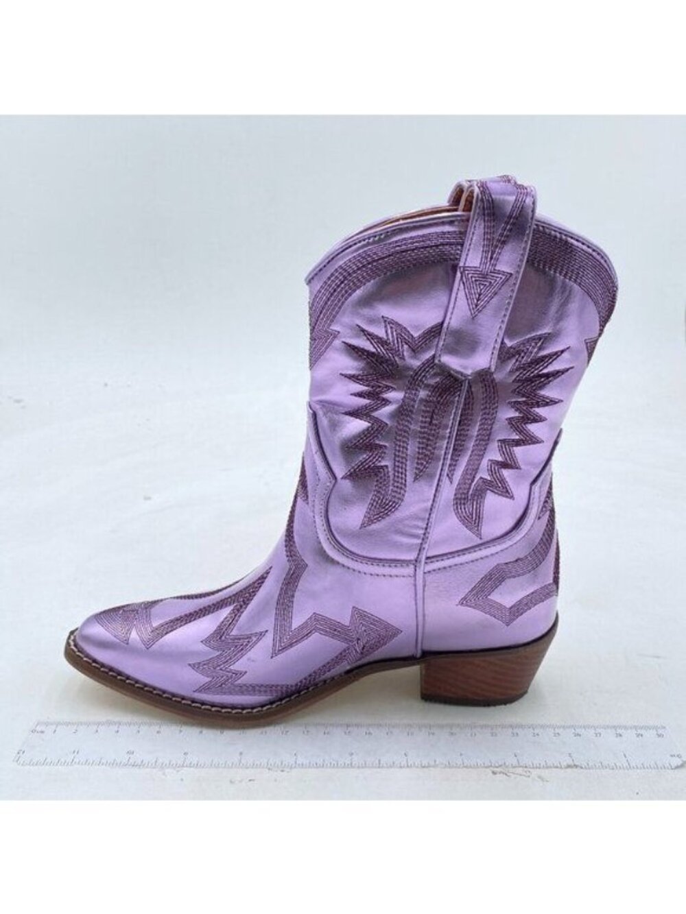 Metallic Purple Cowgirl Embroidered Cowboy Boots Chunky Block Heel Shoes